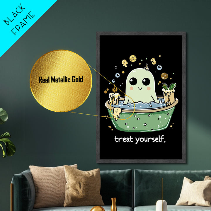 Witchy Ghost Spa Metallic Gold Art, Relaxing Bath Spooky Season Metal Art Framed In Real Wood, Funny Creepy Halloween Print