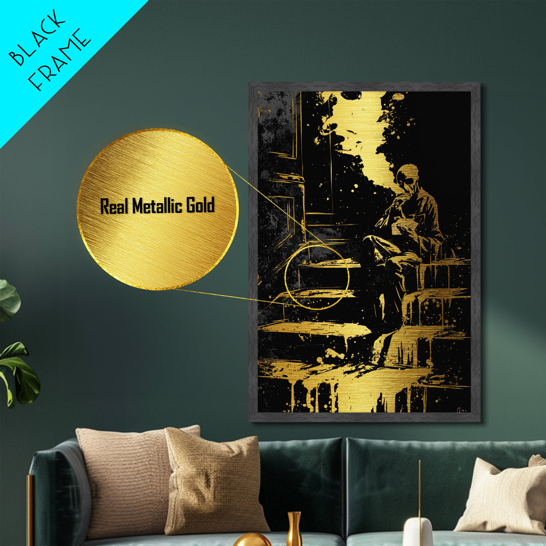 Gothic Skeleton Smoking Metallic Gold Art, Dark Haunted Horror Metal Art With Real Wood Frame, Spooky Gothic Halloween Decor