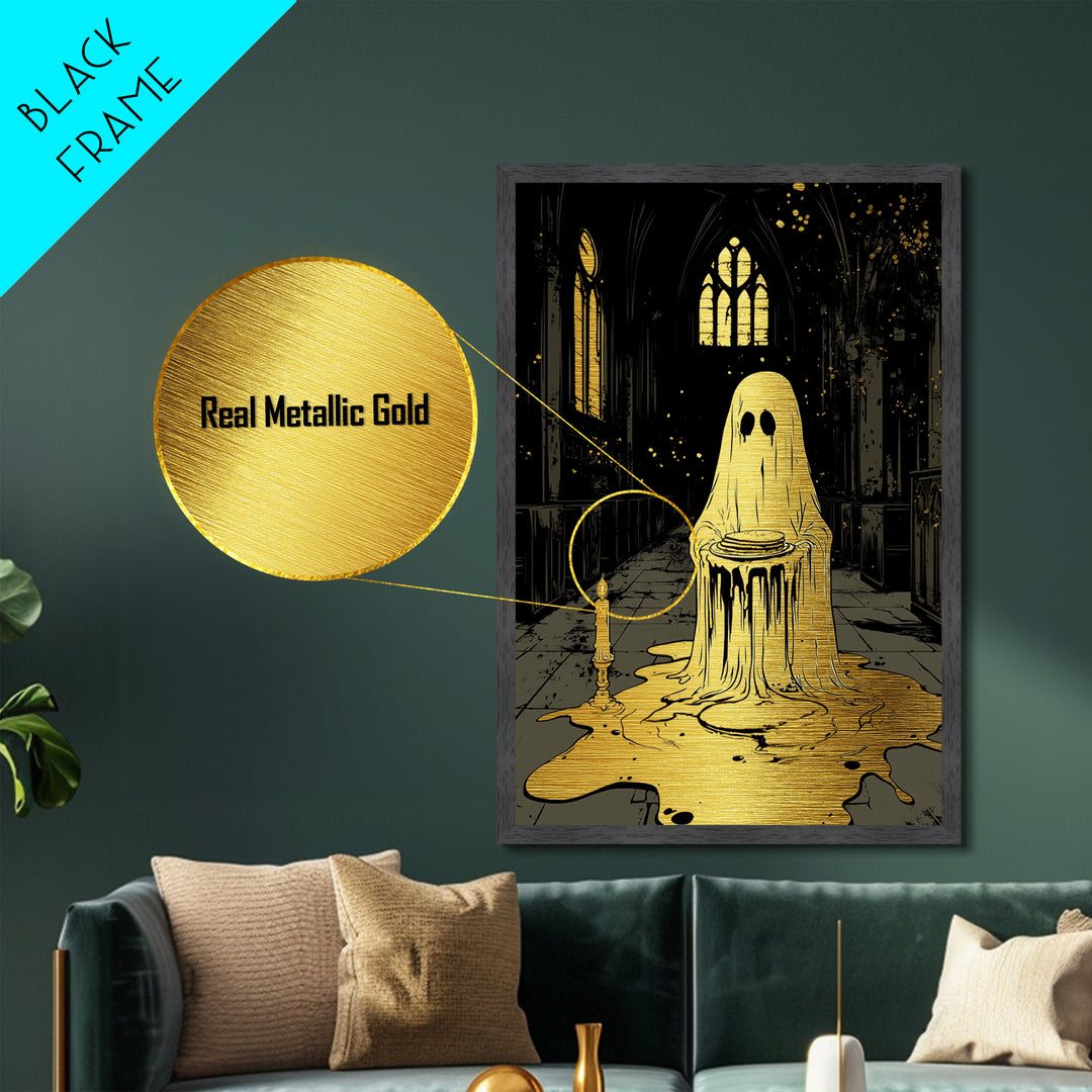 Ghost With Pancakes Metallic Gold Art, Creepy Haunted Cathedral Metal Art In Solid Wood Frame, Spooky Season Halloween Print