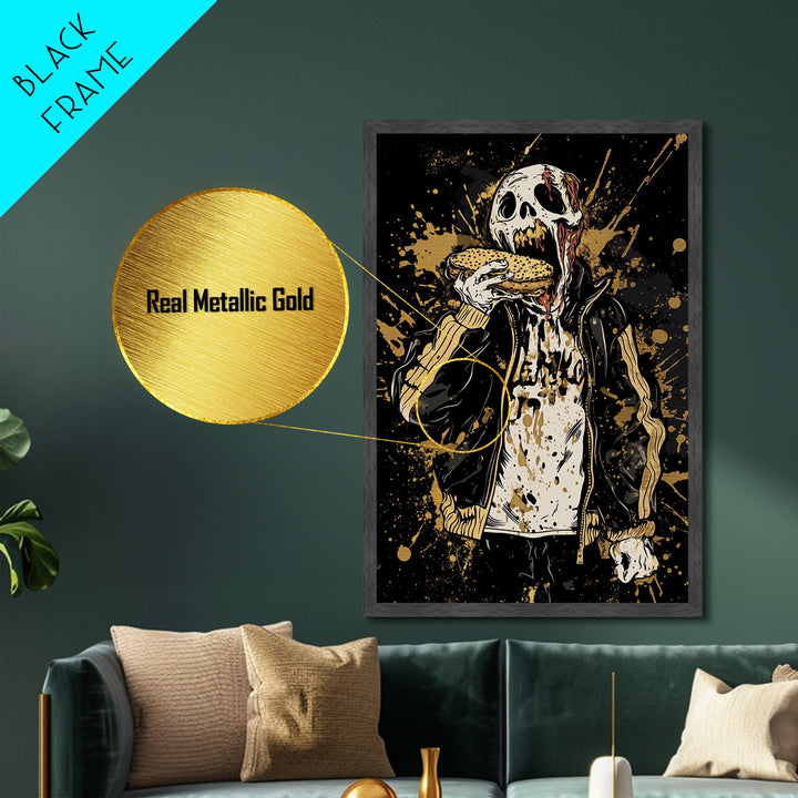 Zombie Eating Burger Metallic Gold Art, Creepy Spooky Halloween Metal Art With Real Wood Framing, Horror Goth Wall Decoration