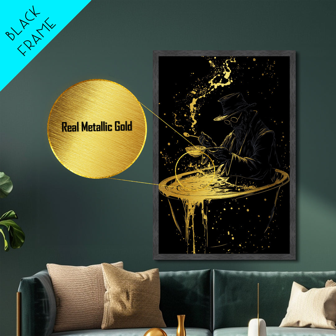 Haunted Alchemist Metallic Gold Art, Gothic Witchy Metal Art Framed In Natural Wood, Spooky Occult Halloween Wall Hanging