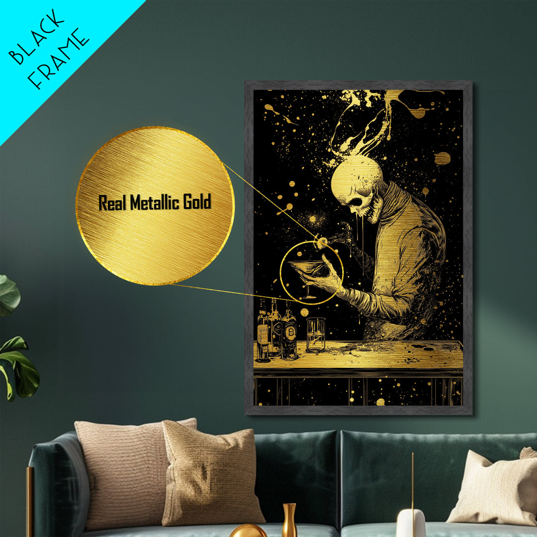 Skeleton Bartender Metallic Gold Art, Spooky Haunted Bar Metal Art With Real Wood Frame, Creepy Halloween Gothic Wall Decor