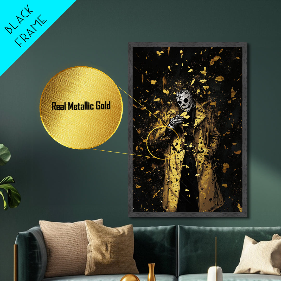 Masked Phantom Metallic Gold Art, Creepy Horror Metal Art Framed In Solid Wood, Spooky Haunted Season Halloween Wall Artwork
