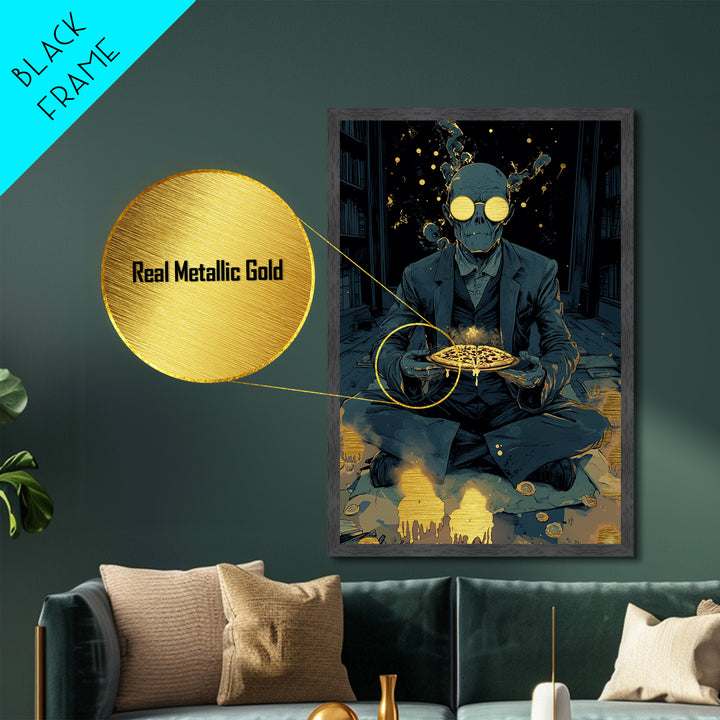 Skeleton Pizza Ritual Metallic Gold Art, Gothic Occult Spooky Season Metal Art In Real Wood Frame, Creepy Haunted Wall Print