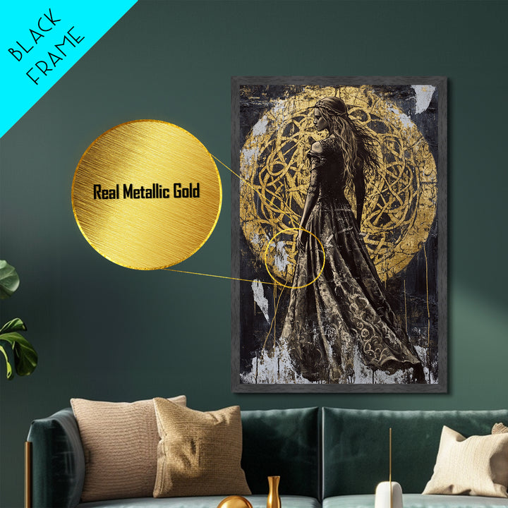 Dark Enchantress Metallic Gold Art, Gothic Halloween Metal Art Wall Hanging, Witchy Painting in Solid Wood Frame