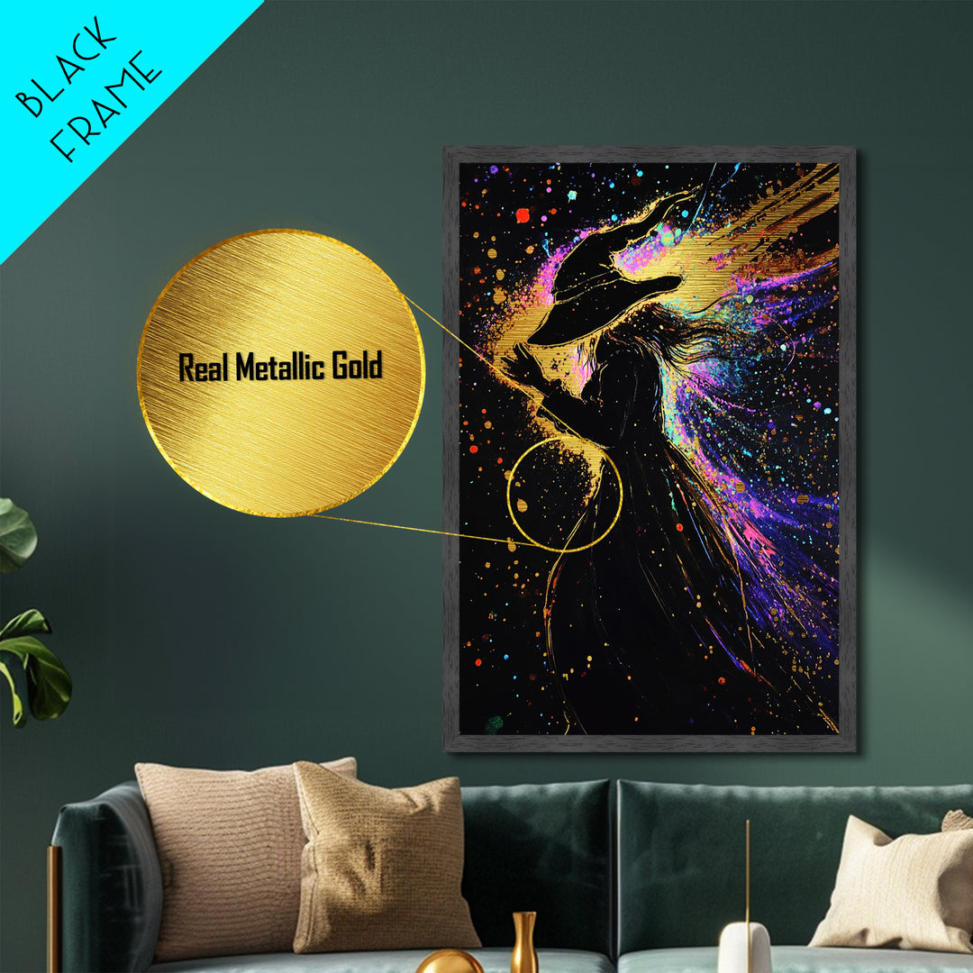 Witch Silhouette Metallic Gold Art, Spooky Season Metal Art Wall Decor, Gothic Painting Framed in Real Wood