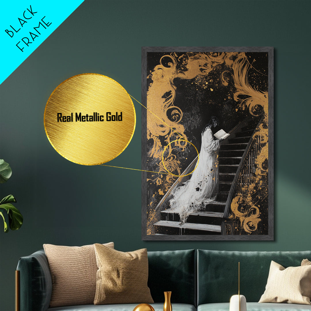 Ghostly Woman On Staircase Metallic Gold Art Metal Art Gothic Haunted Mansion Style Framed In Real Wood