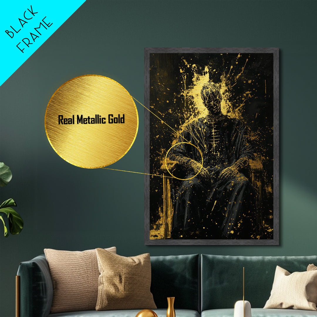 Abstract Haunted Figure On Throne Metallic Gold Art Metal Art Spooky Gothic Drip Painting With Real Wood Frame