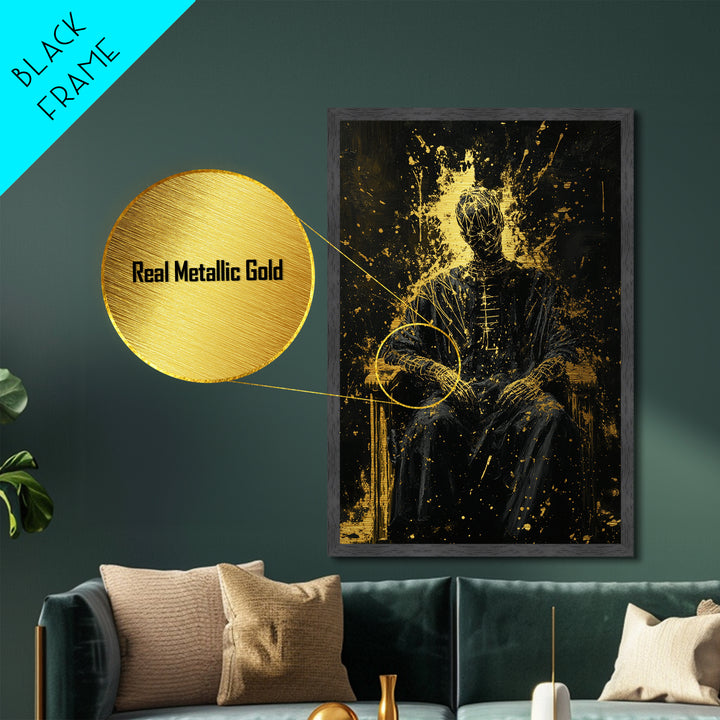 Abstract Haunted Figure On Throne Metallic Gold Art Metal Art Spooky Gothic Drip Painting With Real Wood Frame