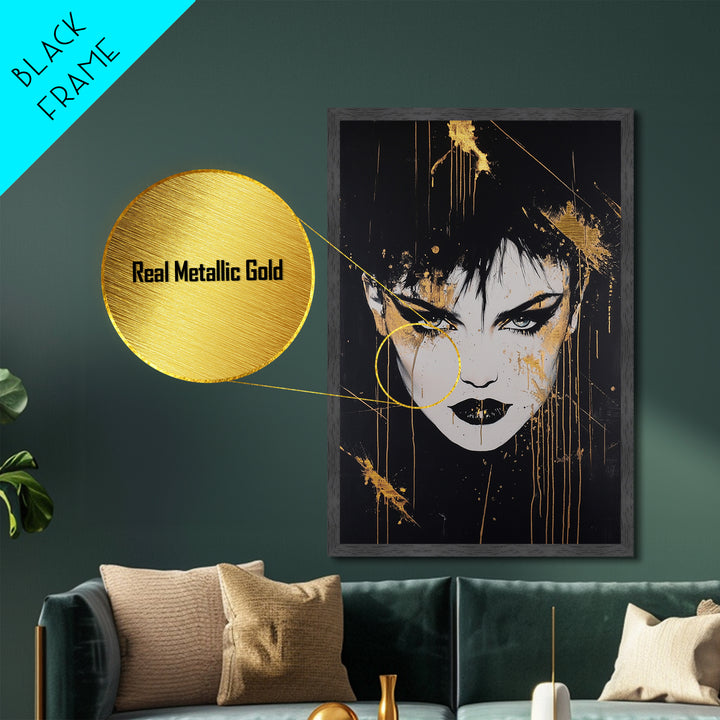 Gothic Vampire Portrait Metallic Gold Art Metal Art Halloween Spooky Season Wall Decor Framed In Real Wood