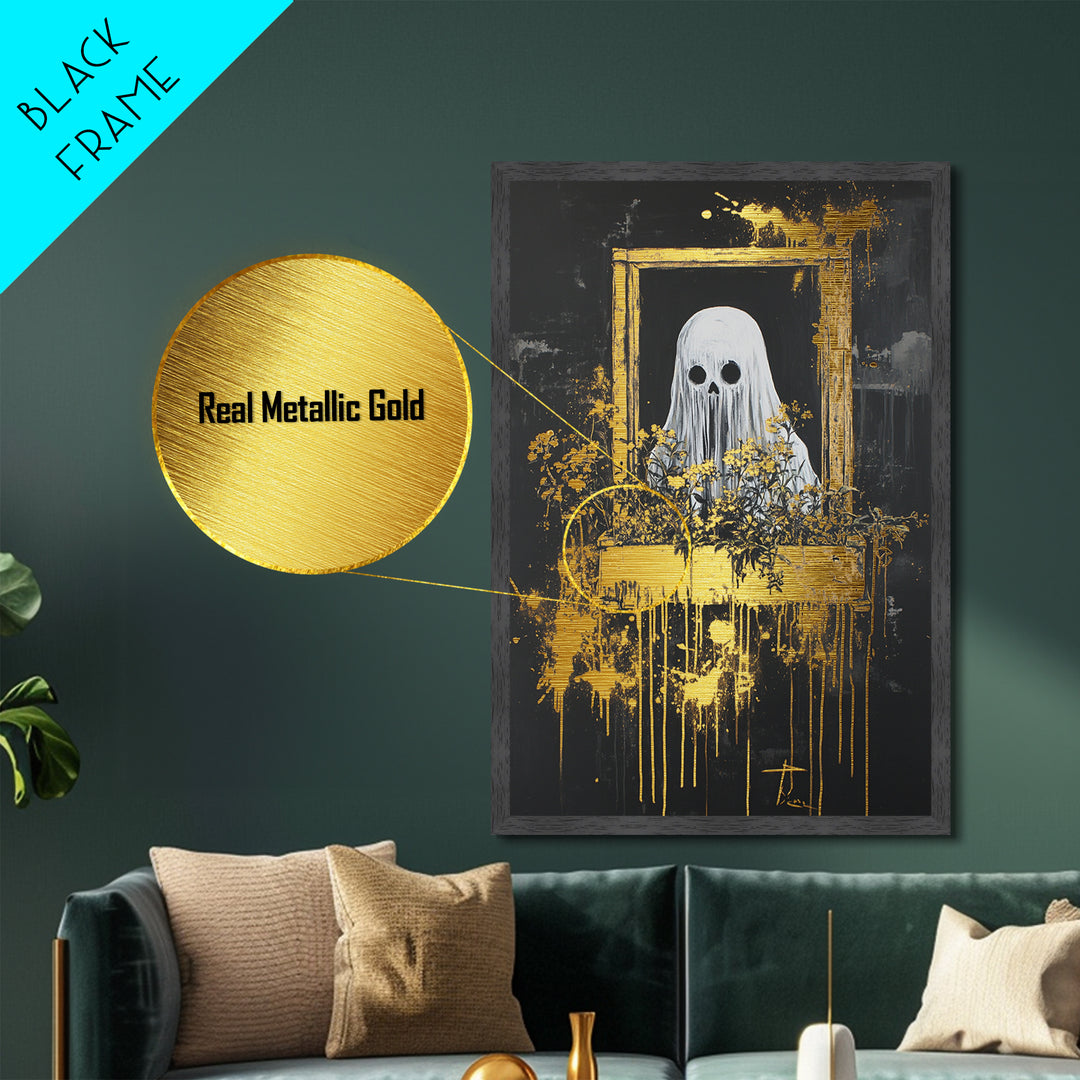 Ghostly Window Spirit Metallic Gold Art Metal Art | Creepy Halloween Gothic Décor Framed in Real Wood for Spooky Season