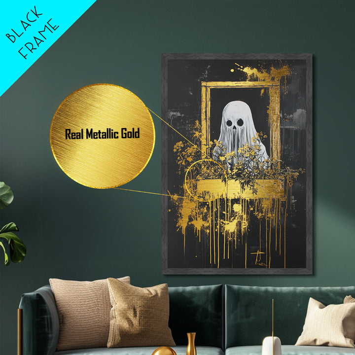 Ghostly Window Spirit Metallic Gold Art Metal Art | Creepy Halloween Gothic Décor Framed in Real Wood for Spooky Season