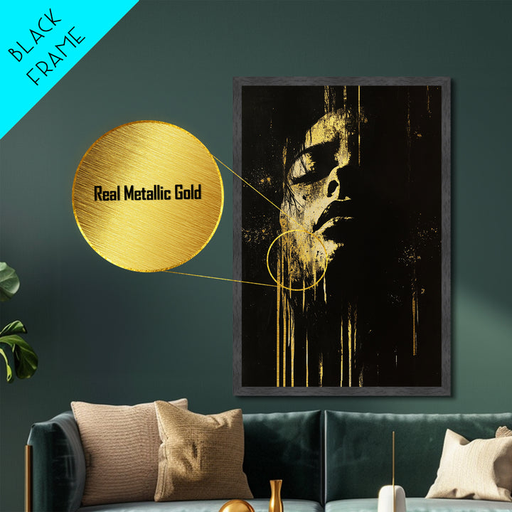 Shadowed Face Metallic Gold Art Metal Art | Dark Spooky Gothic Halloween Portrait Art with Natural Wood Frame Accent