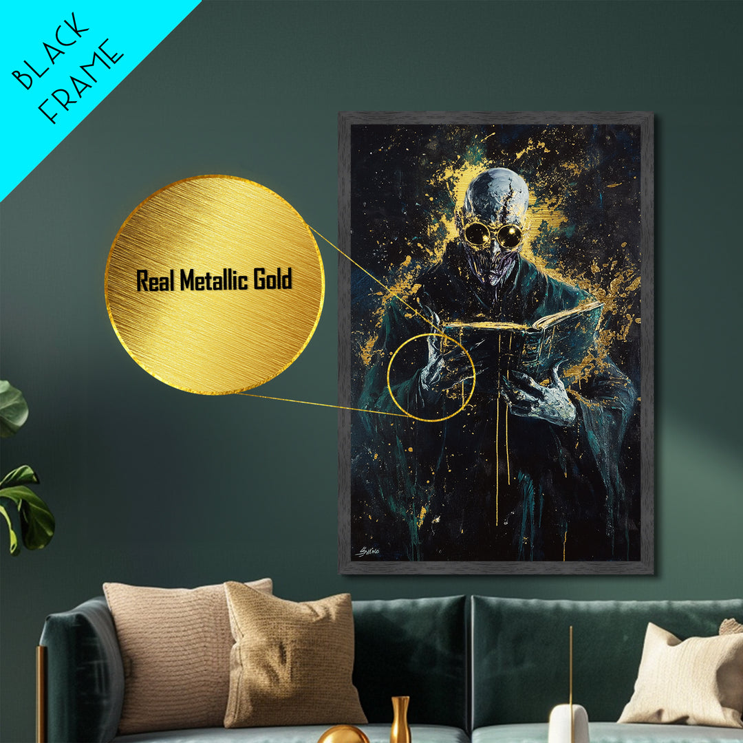 Haunted Spirit Metallic Gold Art Metal Art, Spooky Gothic Wall Decor with Natural Wood Frame for Halloween Horror Lovers