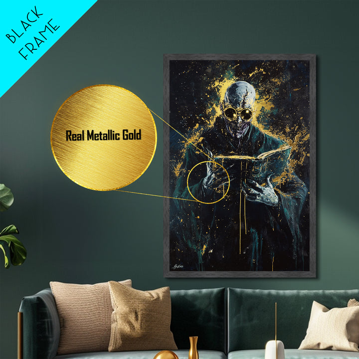 Haunted Spirit Metallic Gold Art Metal Art, Spooky Gothic Wall Decor with Natural Wood Frame for Halloween Horror Lovers