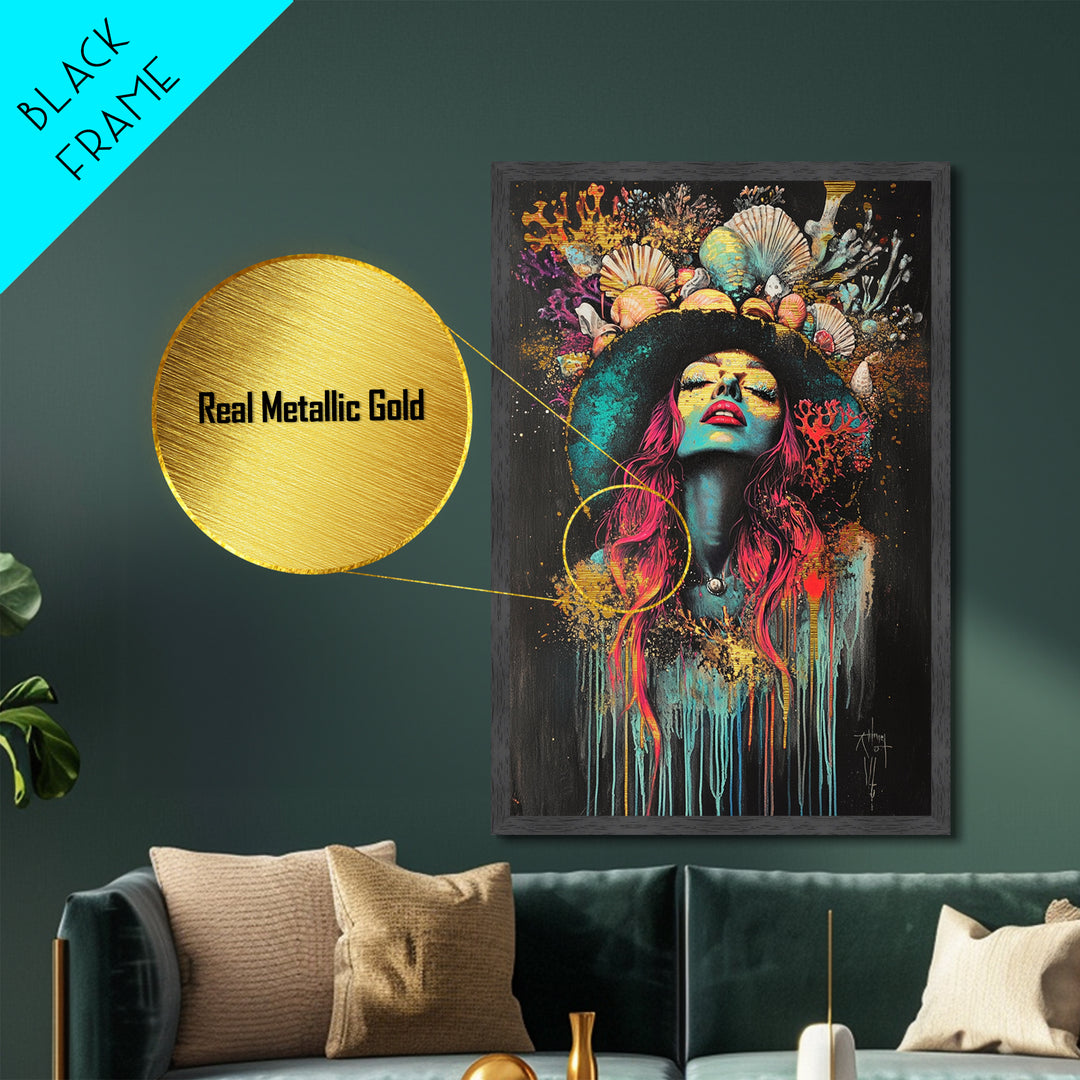 Witchy Woman Metallic Gold Art Metal Art | Psychedelic Spooky Season Portrait Wall Décor in Handcrafted Real Wood Frame