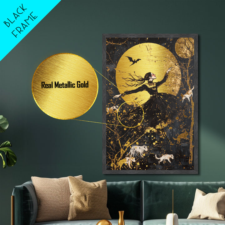 Moonlit Witch Dance Metallic Gold Art Metal Art | Gothic Spooky Halloween Wall Décor with Wolves Framed in Real Wood