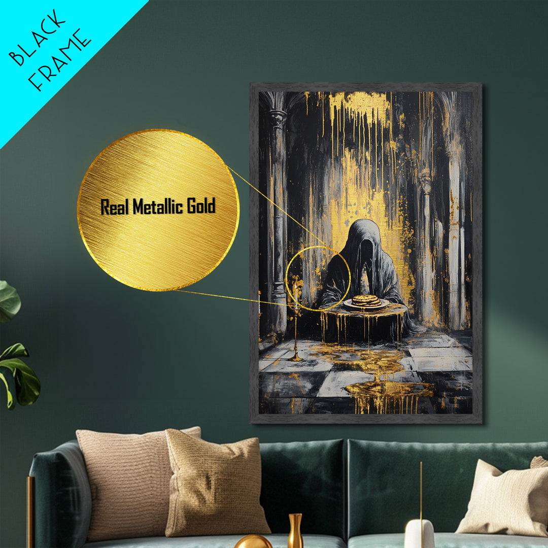Haunted Cloaked Figure Metallic Gold Art Metal Art | Gothic Halloween Wall Décor With Pancakes | Spooky Horror Painting Framed In Wood