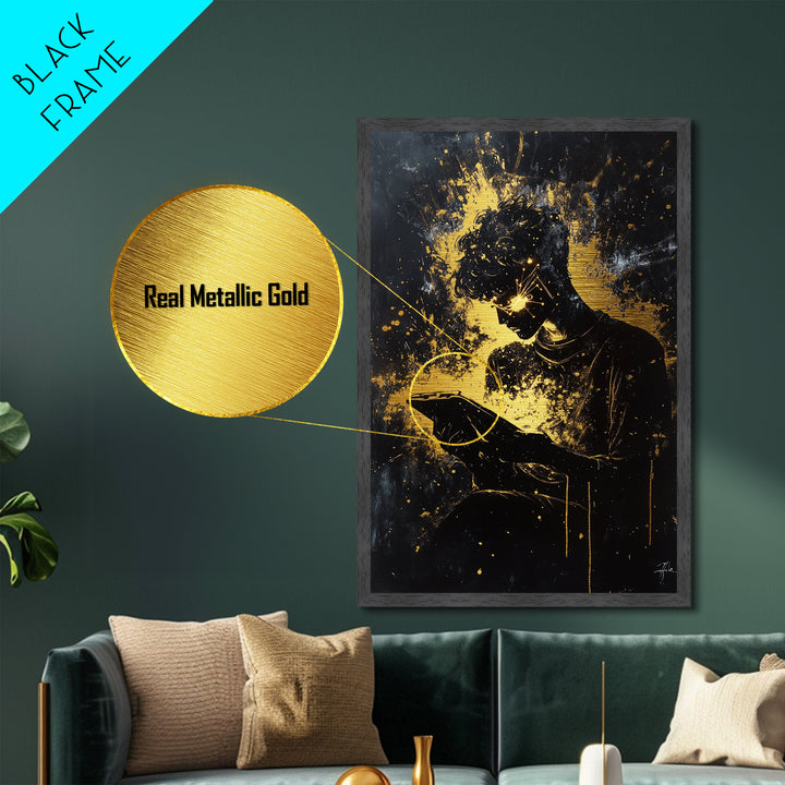 Witchy Tech Sorcerer Metallic Gold Art, Spooky Metal Art of Mystic Reader with Glowing Eyes, Framed in Natural Wood