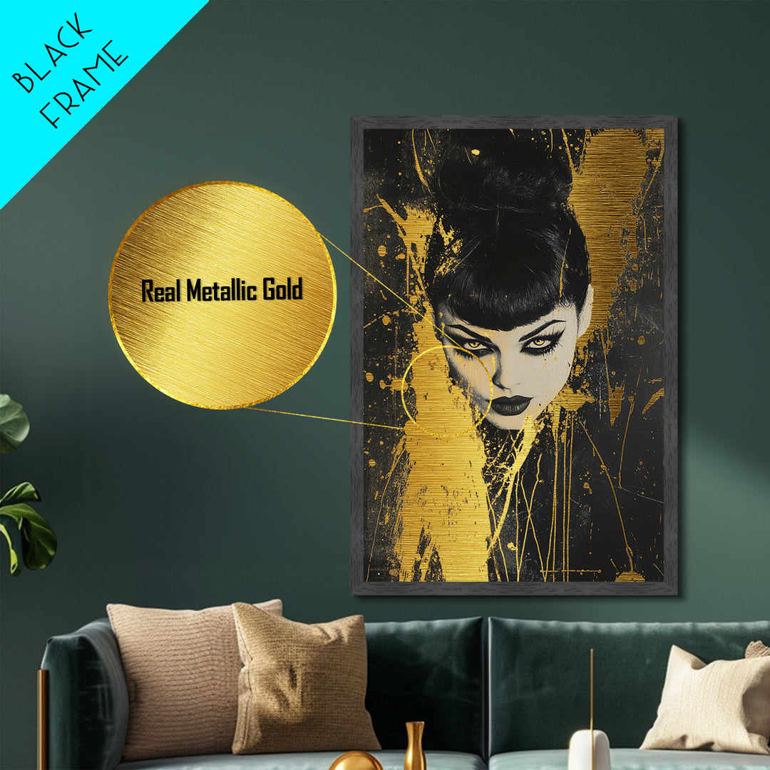 Vampire Gothic Woman Metallic Gold Art, Dark Spooky Season Metal Art Portrait, Horror Inspired Wall Decor in Real Wood Frame