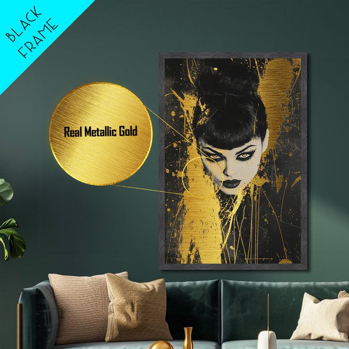 Vampire Gothic Woman Metallic Gold Art, Dark Spooky Season Metal Art Portrait, Horror Inspired Wall Decor in Real Wood Frame