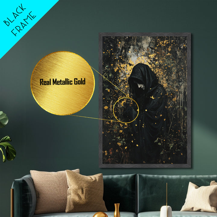 Haunted Forest Reaper Metallic Gold Art, Dark Spooky Season Metal Art of Gothic Hooded Figure, Horror Wall Decor in Wood Frame