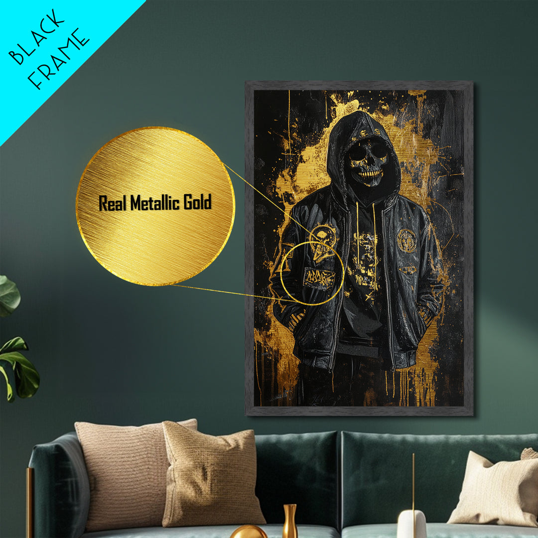 Skeleton Hoodie Metallic Gold Art, Creepy Gothic Spooky Season Metal Art, Haunted Skull Figure Wall Decor in Natural Wood Frame