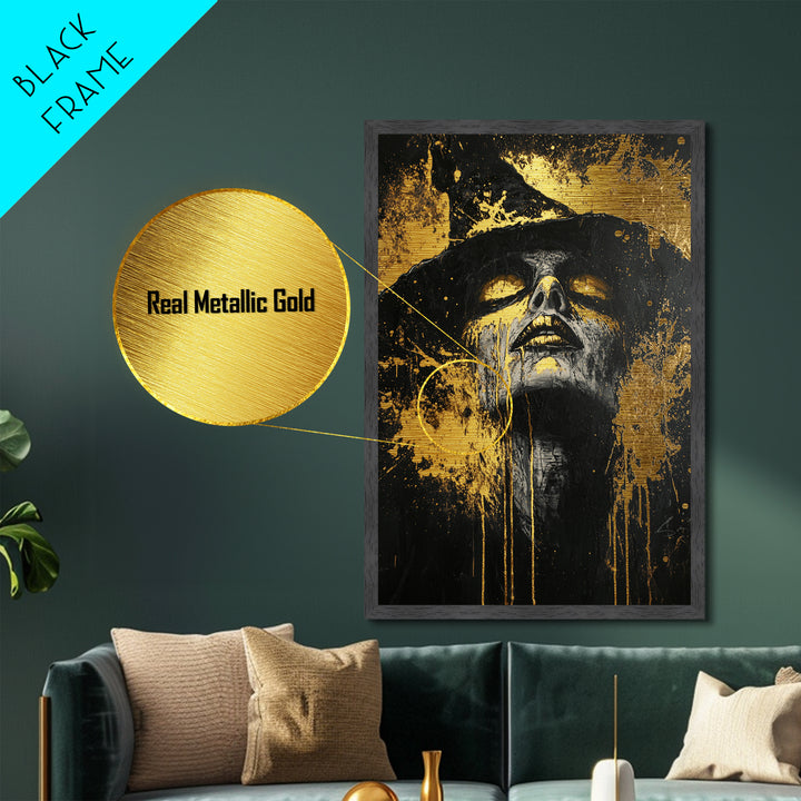 Witchy Gothic Metallic Gold Art Metal Art with Real Wood Frame, Spooky Halloween Wall Decor, Haunted Witch Portrait Print