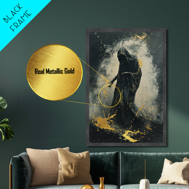 Haunting Reaper Metallic Gold Art Metal Art in Natural Wood Frame, Spooky Halloween Gothic Wall Art, Creepy Dark Spirit Decor
