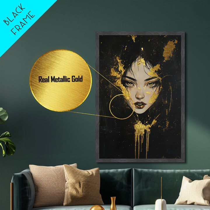 Eerie Witch Portrait Metallic Gold Art Metal Art, Spooky Halloween Wall Hanging with Real Wood Frame, Gothic Haunted Home Decor