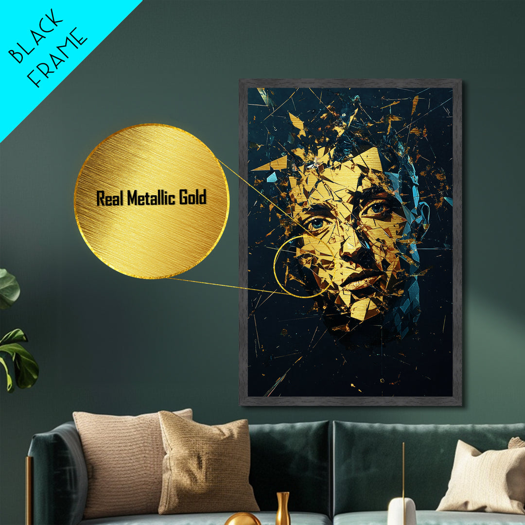 Shattered Face Metallic Gold Art Metal Art, Spooky Season Horror Abstract with Real Wood Frame, Creepy Halloween Gothic Wall Art