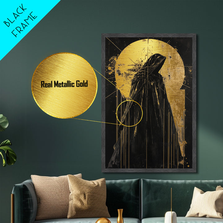 Cloaked Horror Metallic Gold Art Metal Art with Real Wood Frame, Gothic Spooky Halloween Decor, Haunted Dark Spirit Wall Hanging