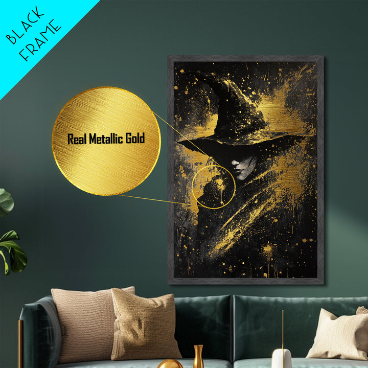 Mystical Witch Metallic Gold Art Metal Art, Framed in Natural Wood, Spooky Halloween Gothic Wall Decor, Haunted Witchcraft Artwork