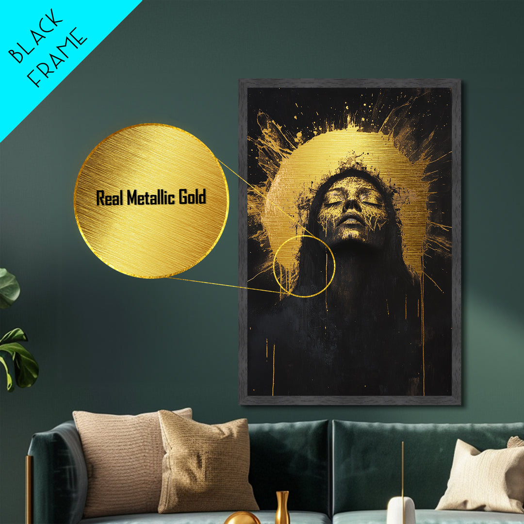 Golden Halo Witch Metallic Gold Art Metal Art with Real Wood Frame, Spooky Halloween Gothic Wall Hanging, Haunted Dark Portrait
