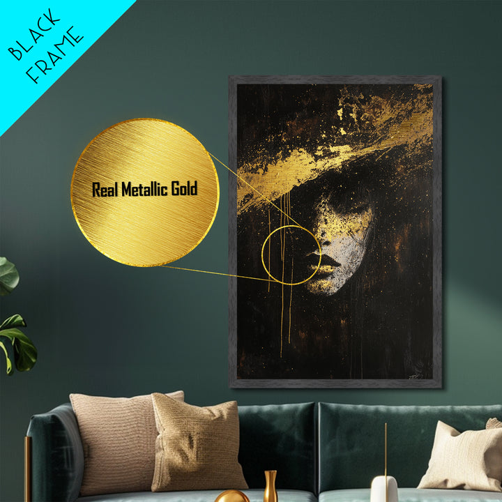 Haunted Metallic Gold Art Face Portrait | Gothic Horror Metal Art Spooky Wall Decor | Framed In Natural Real Wood