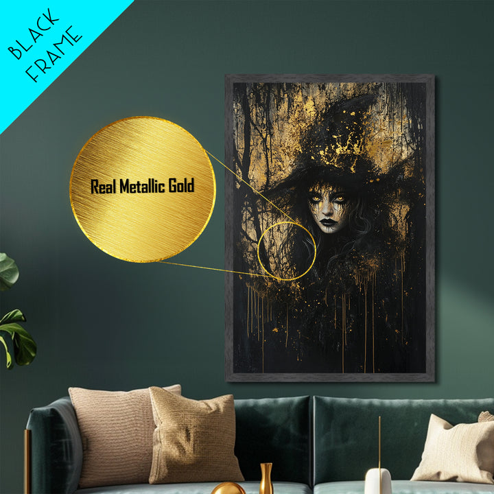 Witchy Woman With Glowing Eyes | Gothic Metallic Gold Art And Spooky Metal Art | Halloween Wall Decor Framed In Real Wood