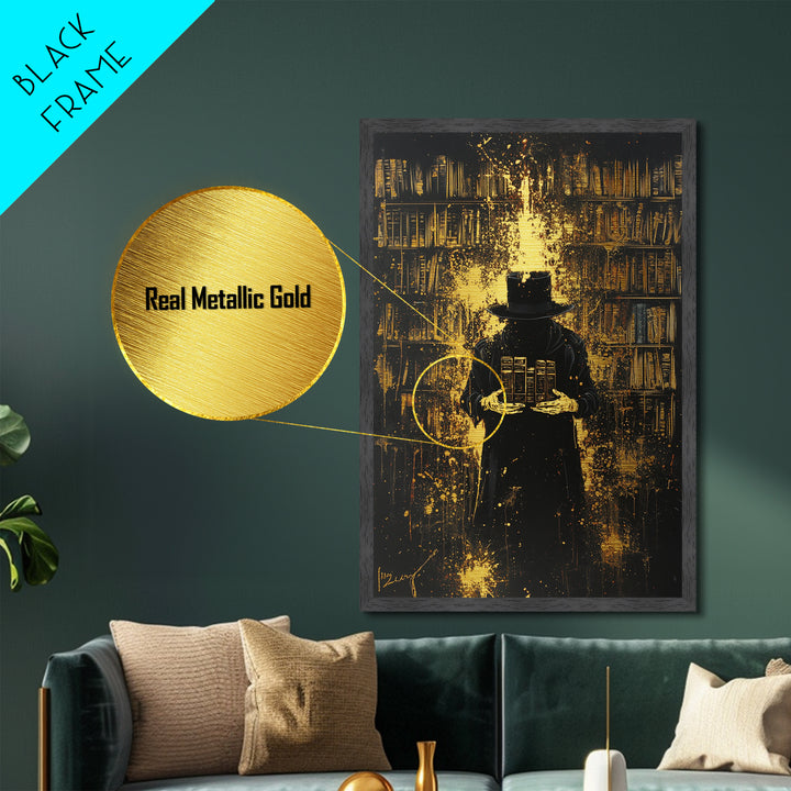 Ghoul at Supper Metallic Gold Art Metal Art, Spooky Skeleton Dining Scene, Halloween Wall Art Framed in Solid Wood