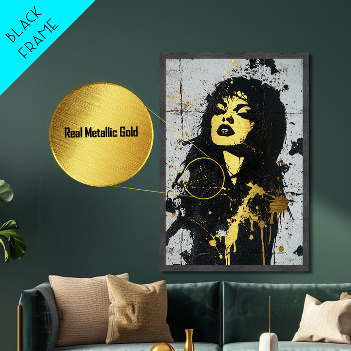 Gothic Female Vampire Portrait Metallic Gold Art | Dark Horror Metal Art Halloween Decor | Real Wood Frame Handcrafted Finish