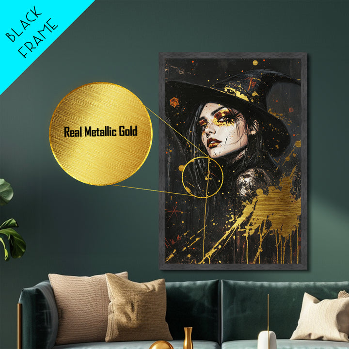 Witch Hat Glam Metallic Gold Art | Gothic Halloween Metal Art Witchy Portrait | Spooky Season Wall Decor With Real Wood Frame