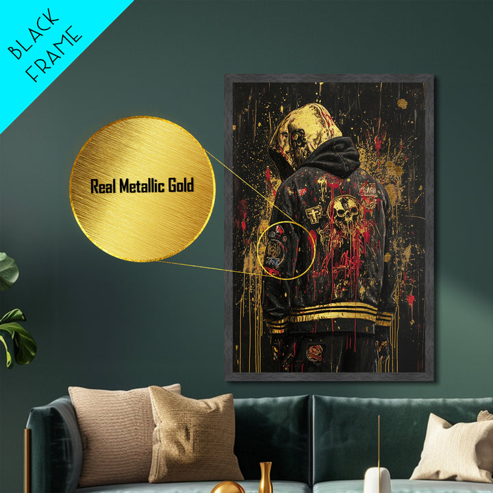 Skull Hooded Jacket Street Style Metallic Gold Art | Creepy Gothic Horror Metal Art | Halloween Wall Decor In Real Wood Frame