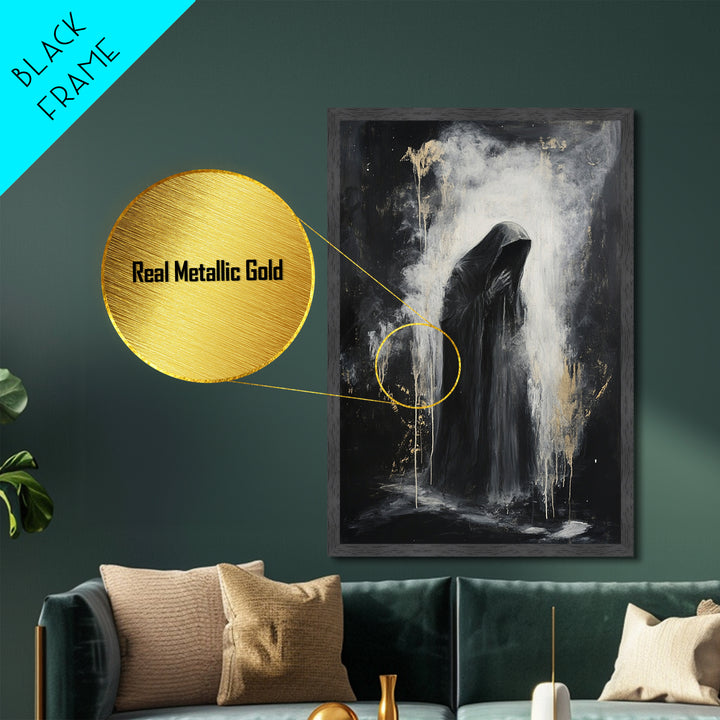 Dark Grim Reaper Metallic Gold Art | Haunted Horror Metal Art Spooky Season Wall Decor | Framed With Natural Real Wood