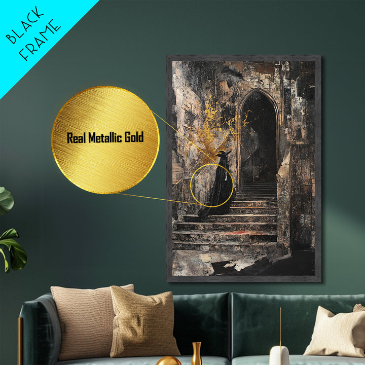 Gothic Castle Staircase Witch Metallic Gold Art | Haunted Horror Metal Art Halloween Wall Decor | Framed Real Wood Accent
