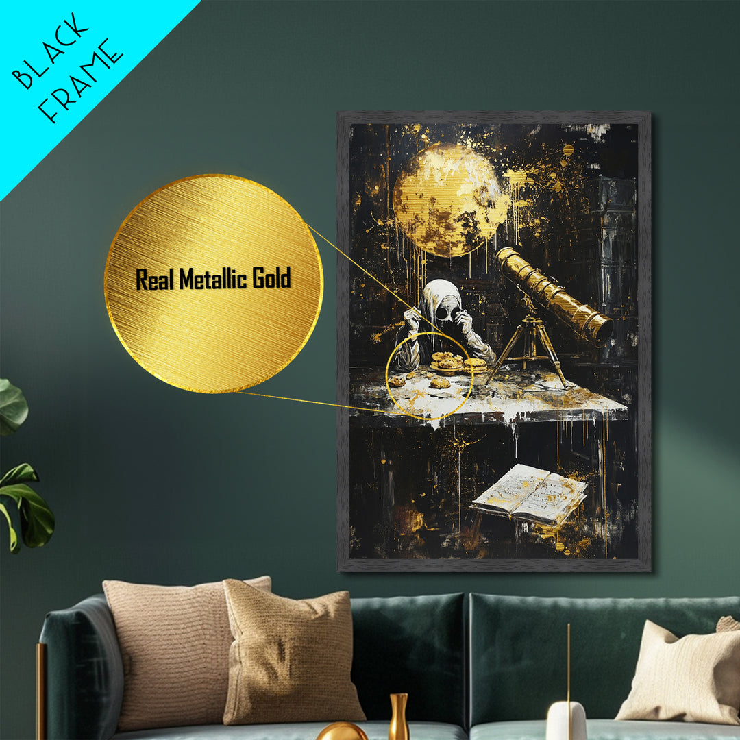 Spooky Astronomy Scene With Hooded Figure Metallic Gold Art | Creepy Metal Art Haunted Halloween Decor | Real Wood Frame Display