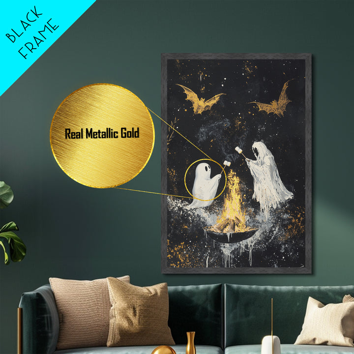 Ghosts Roasting Marshmallows Metallic Gold Art, Spooky Metal Art Halloween Wall Decor with Real Wood Frame, Haunted Firepit Scene