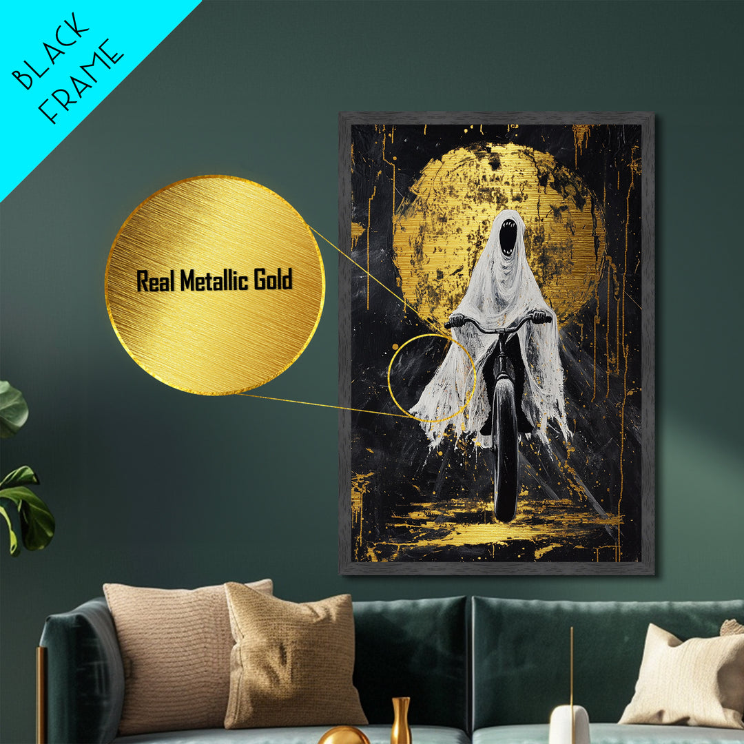 Terrifying Ghost Rider Bicycle Metallic Gold Art, Haunted Metal Art Halloween Wall Accent in Real Wood Frame for Spooky Home Decor