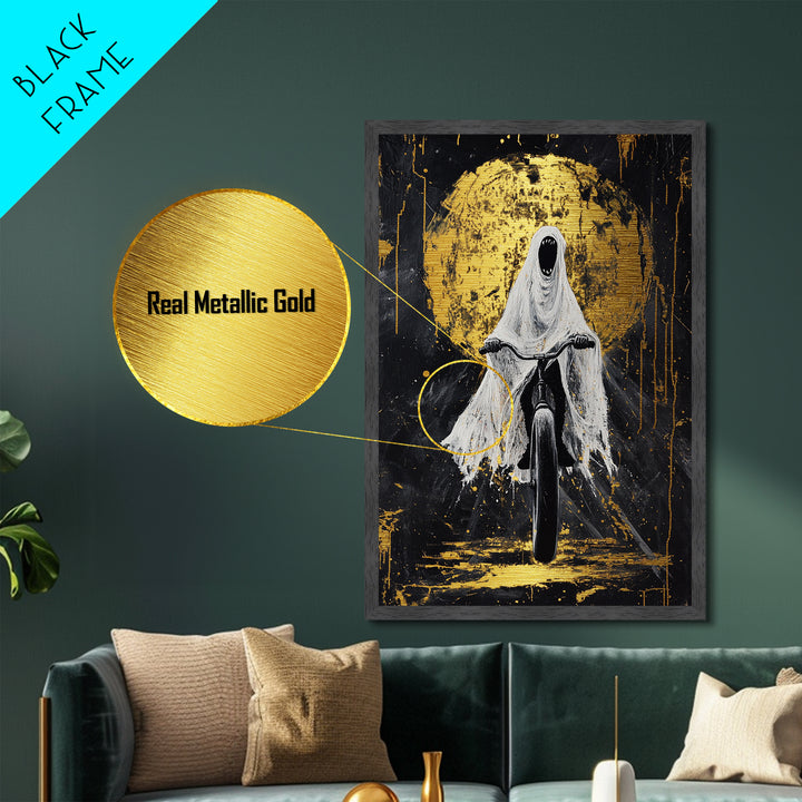 Terrifying Ghost Rider Bicycle Metallic Gold Art, Haunted Metal Art Halloween Wall Accent in Real Wood Frame for Spooky Home Decor