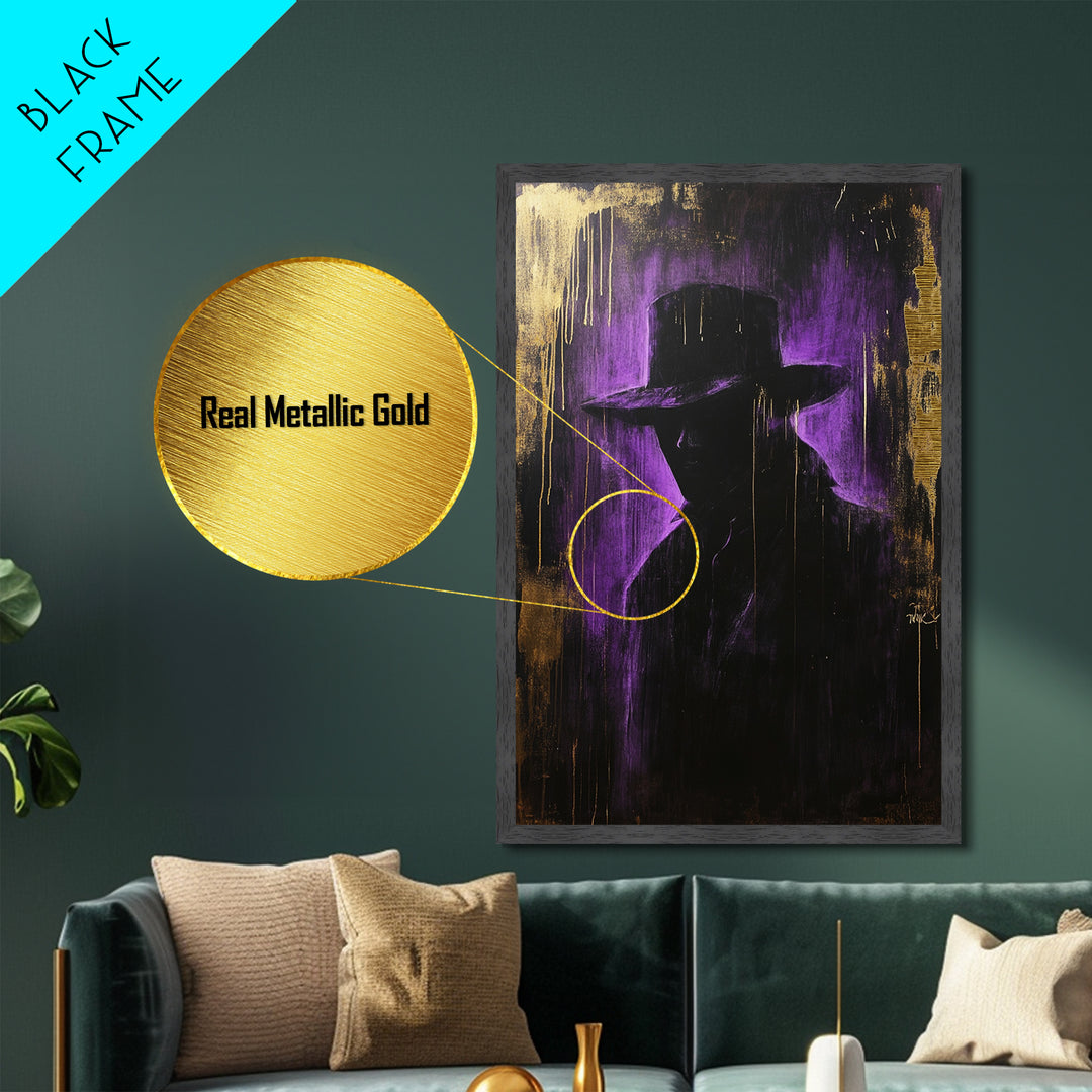 Mysterious Dark Stranger Metallic Gold Art, Gothic Metal Art Purple and Gold Halloween Shadow Silhouette Framed with Natural Wood