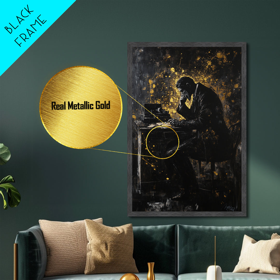 Haunted Writer at Desk Metallic Gold Art, Gothic Metal Art Creepy Office Halloween Scene with Real Wood Frame for Spooky Season