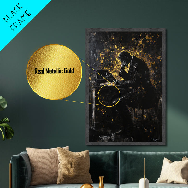 Haunted Writer at Desk Metallic Gold Art, Gothic Metal Art Creepy Office Halloween Scene with Real Wood Frame for Spooky Season