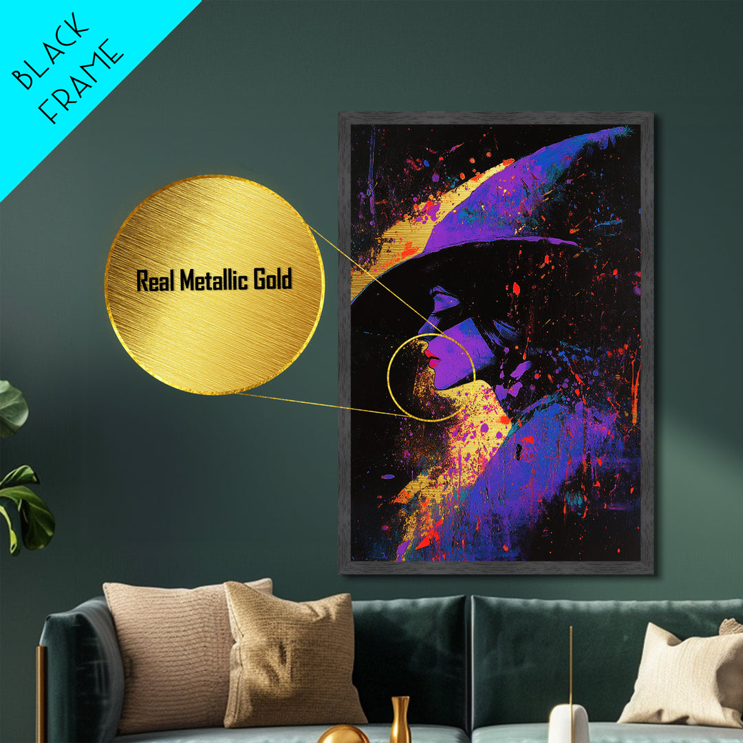 Witchy Woman Portrait Metallic Gold Art, Bold Metal Art Vibrant Purple Halloween Witch Wall Decor in Real Wood Frame Gothic Accent